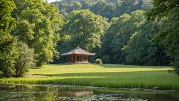 Et fredelig og rolig bilde av et meditasjonsretreat-senter i en naturlig setting.