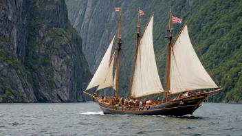 Et tradisjonelt norsk seilskip som seiler gjennom en fjord.