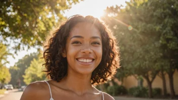 En person med et stort smil på ansiktet, stående foran en lys og solfylt bakgrunn, som symboliserer en god stemning