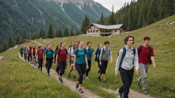 En gruppe elever og lærere på tur i fjellet, med en skolebygning i bakgrunnen.