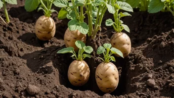 En potetplante med grønne blader og noen poteter som vokser under jorden.