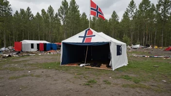 En midlertidig paviljong med et norsk flagg i bakgrunnen, som gir ly for mennesker i nød.