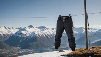 Skibukse som henger på en klesstreng med et snødekt fjell i bakgrunnen.