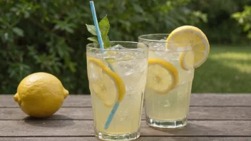 Et glass lemonade med isbiter og en skive sitron, plassert på et bord foran et solfylt vindu.