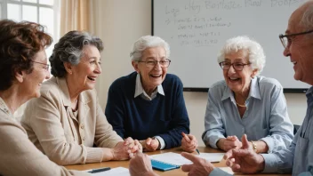 Et seniorforum med eldre voksne som diskuterer og sosialiserer.