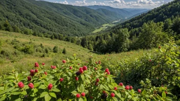 Et vakkert landskap med et bærfelt i forgrunnen og fjell i bakgrunnen.