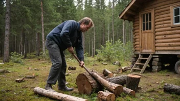 En person hugger ved med en øks i en skog, med en tradisjonell norsk hytte i bakgrunnen.