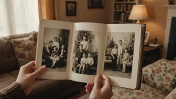 En person som holder et fotoalbum med gamle familiebilder, med en bakgrunn av en koselig stue med familiearvestykker.