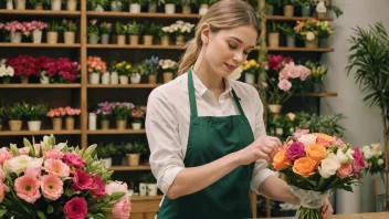 En blomsterstylist som arbeider med blomster.