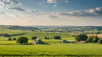 Et idyllisk landskap med en blanding av jordbruksland og beitemark.