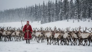 En samisk person i tradisjonelle klær som gjeter reinsdyr i et snølandskap.