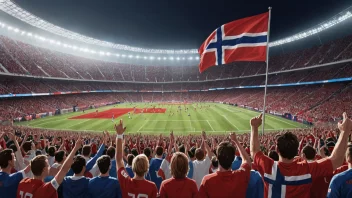 Et fotballstadion fylt med entusiastiske tilhengere som heier og har på seg norske fotballtrøyer, med et norsk flagg som vifter i bakgrunnen.