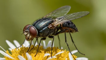 En markflue som flyr rundt en blomst i en hage.