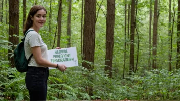 En person som holder et skilt med en naturbevaringsmelding, med en grønn skog i bakgrunnen.