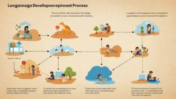 En illustrasjon av en språkutviklingsprosess, med en tidsline og ulike stadier av språkutvikling.