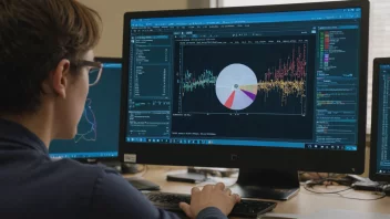 En person som analyserer data på en dataskjerm, med en bakgrunn av en skole eller universitet.