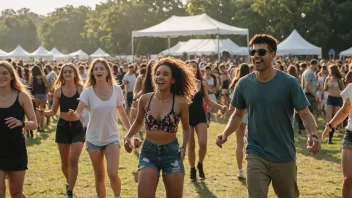 En livlig utendørs musikkfestival med en stor folkemengde av unge mennesker som danser og morer seg