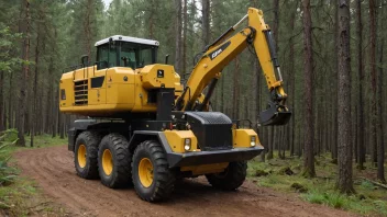 En stor maskin med en lang arm og en klo-lignende tilbehør, brukt til å transportere tømmer i en skog.