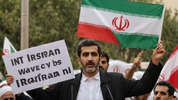 En person som protesterer mot Iran med et skilt i forgrunnen og et iransk flagg i bakgrunnen.