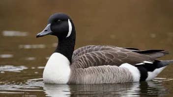 En skværgås som svømmer i en innsjø, med et bakgrunn av trær og åser.