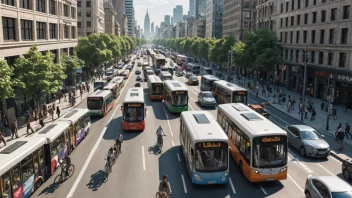 Et bilde av en by med redusert trafikk-kongestjon, med kollektivtrafikk og sykler.