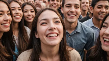 En person med et vennlig og mildt uttrykk, omgitt av mennesker som smiler og ser opp til dem med beundring.