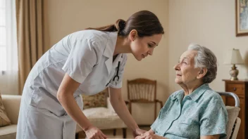 En sykepleier i hvit uniform hjelper en eldre person med deres daglige behov i et koselig sykehjem.