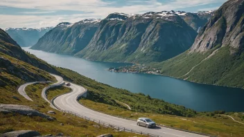 En bil kjører ned en naturskjønn veg i Norge