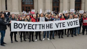 En gruppe mennesker som protesterer foran en regjeringsbygning med skilt og bannere.