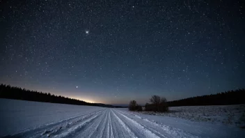 Et vinterlandskap om natten, med en klar himmel og stjerner som skinner klart.