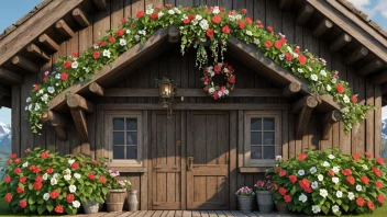 En tradisjonell norsk hyttegavl, dekorert med blomster og andre ornament.