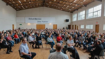 En gruppe mennesker samlet i et stort rom, engasjert i samtaler, med et banner i bakgrunnen som leser 'Dialogmesse'