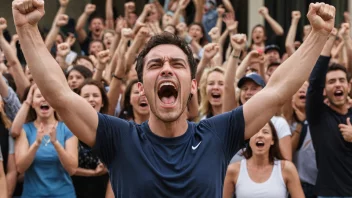 En person som står med armene hevet i seier, og roper triumferende, med en folkemengde som heier og applauderer i bakgrunnen.