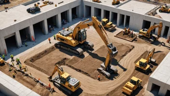 En bilde av en byggeplass med et fundamenteringsområde markert, inkludert gravemaskiner, arbeidere og byggematerialer.