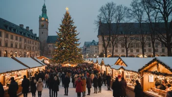 Et julemarked i en vinterlig setting.