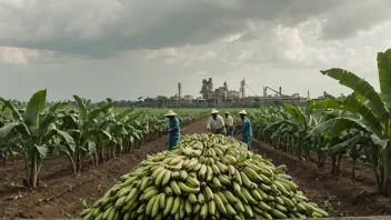 En bananplantasje med arbeidere som høster bananer og en fabrikk i bakgrunnen