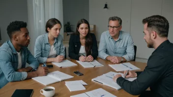 En gruppe mennesker i et møterom, omgitt av whiteboard og papirer, engasjert i en diskusjon.