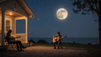 En fredelig og intim atmosfære med en musiker som spiller en serenade på gitar.