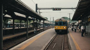 En jernbanestasjon med en plattform og et tog som ankommer