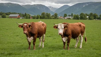 Et herrefordkveg i en grønn eng med en norsk gård i bakgrunnen.