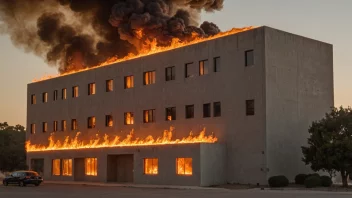 En bygning med en brannmotstandskraftig eksteriør, med flammer i bakgrunnen.