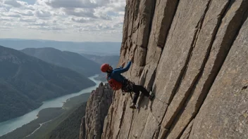 En person som klatrer på en bratt klippe med en fantastisk utsikt i bakgrunnen