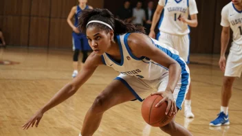 En kvinnelig basketballspiller i aksjon på banen, med en ball i hånden og et bestemt uttrykk i ansiktet.