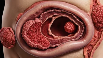 En illustrasjon av magesarkreft, også kjent som magesekkrekreft, som viser en svulst som vokser på magesekkens slimhinne.