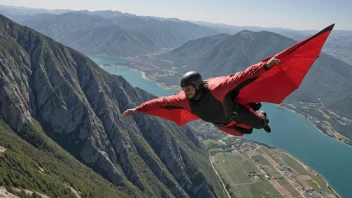 En person i en wingsuit flyr gjennom luften med et naturskjønt landskap i bakgrunnen.