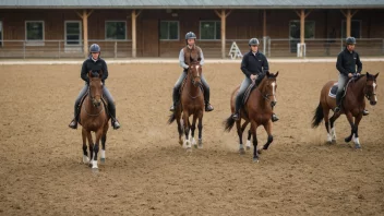 En gruppe hester i en ridearena, med ryttere og trenere i bakgrunnen.