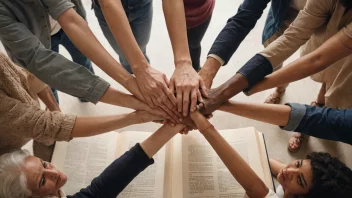 En gruppe mennesker fra ulike bakgrunner og aldre som står sammen, holder hender eller danner en sirkel, med en stor bok eller dokument i sentrum, som symboliserer enhet og felles regler.