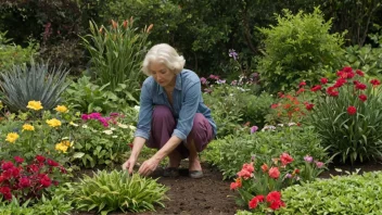 En person som passer en hage med ulike typer planter og blomster