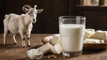 Et glass geitemjølk på et trebord, med en geit i bakgrunnen