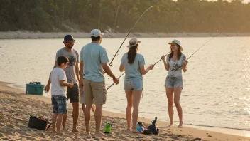 En gruppe venner samlet på stranden, med fiskestenger i hånden, og et bord satt opp for en fest i bakgrunnen.